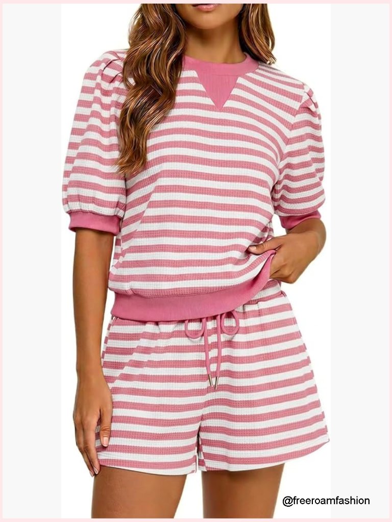 Women's 2 Piece Short Set Striped Puff Sleeve Knitted Lounge Set L